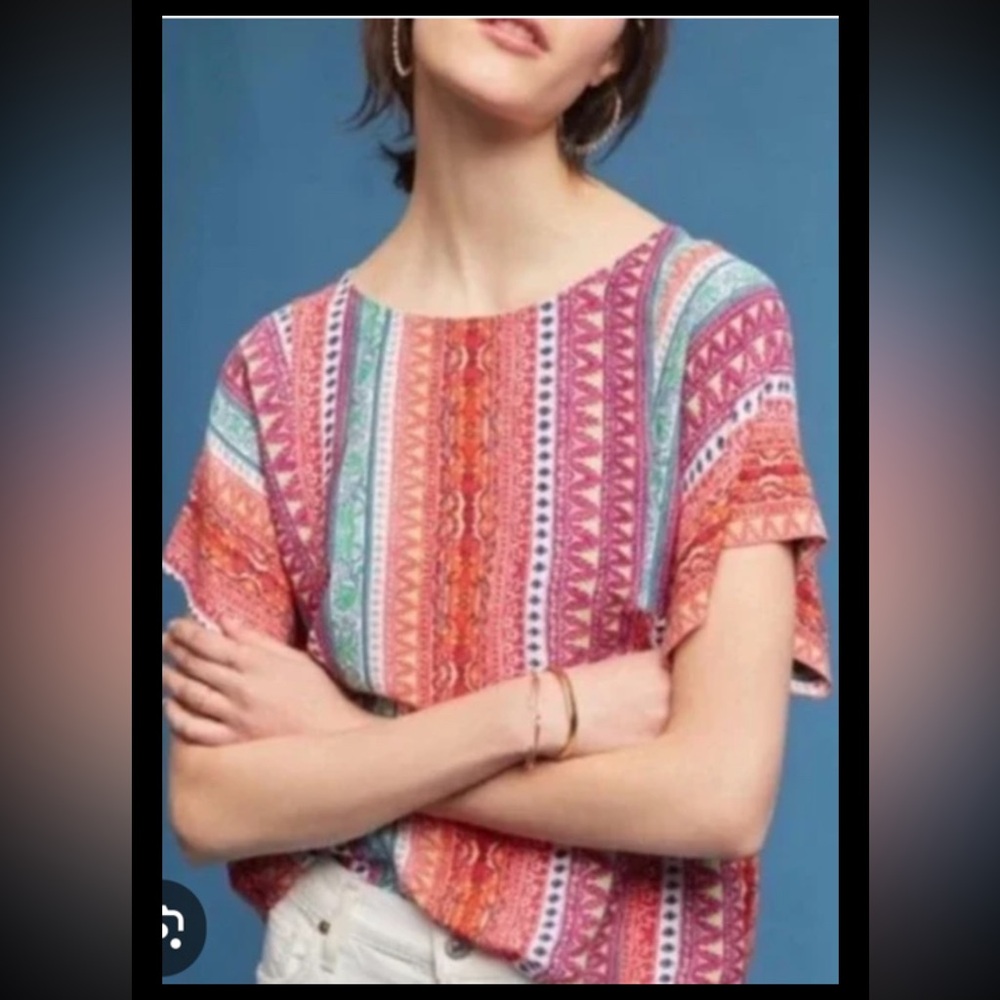 MAEVE Anthropologie Milla Printed Pullover Blouse Top Boxy Cropped Orange Small